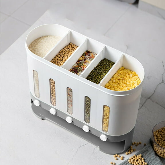 Wall Mounted Cereal Dispenser Rice Grain Dry Food Storage Container Tank Box Dry Food Dispenser 5 Grid Storage Press Box Free Control Food Wall Mounted Dry Food Dispenser Press Box 10 L