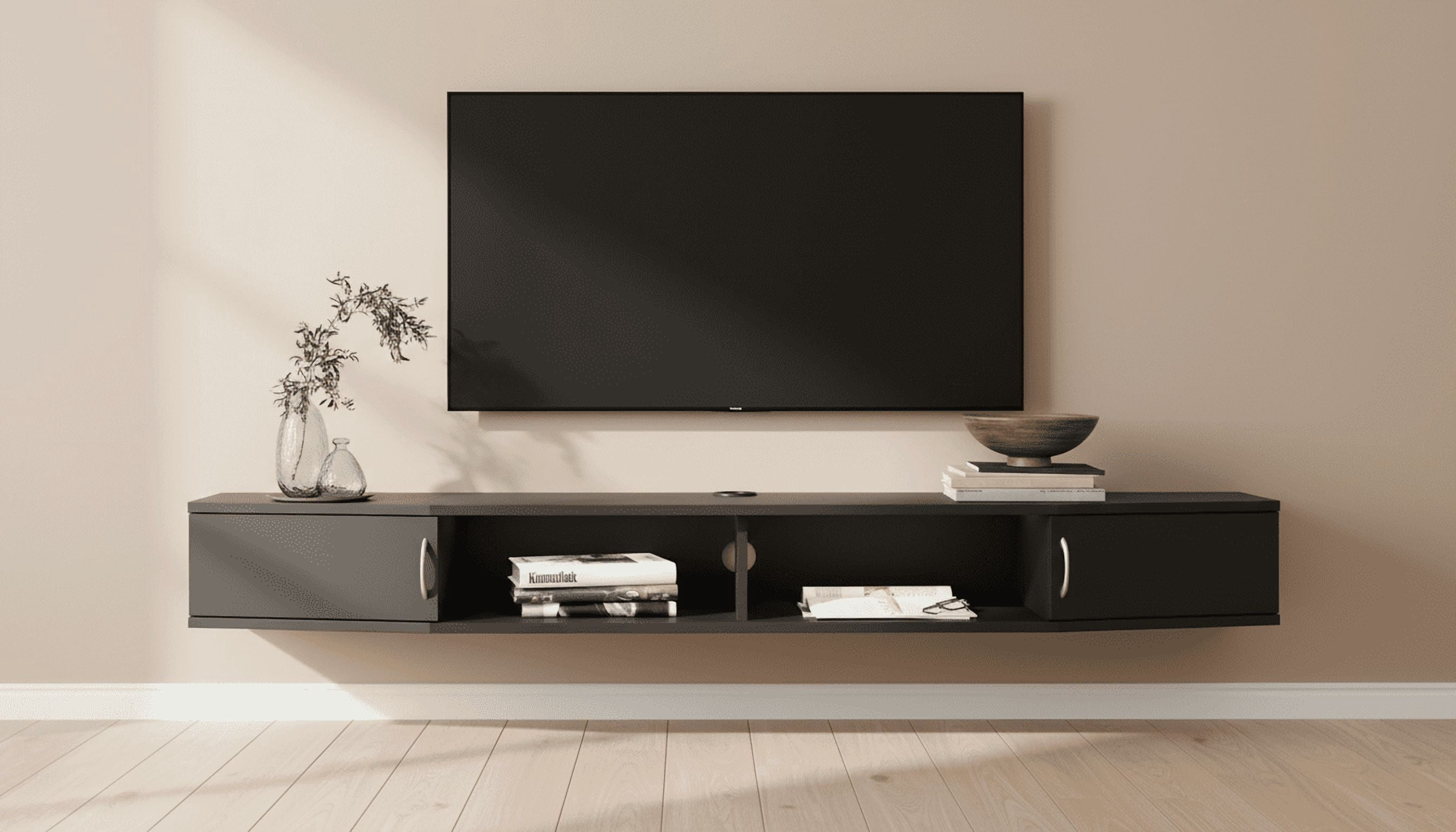 Wall Mounted Charging Station，Floating TV Stand Console with Door Cabinet for Living Room，Black