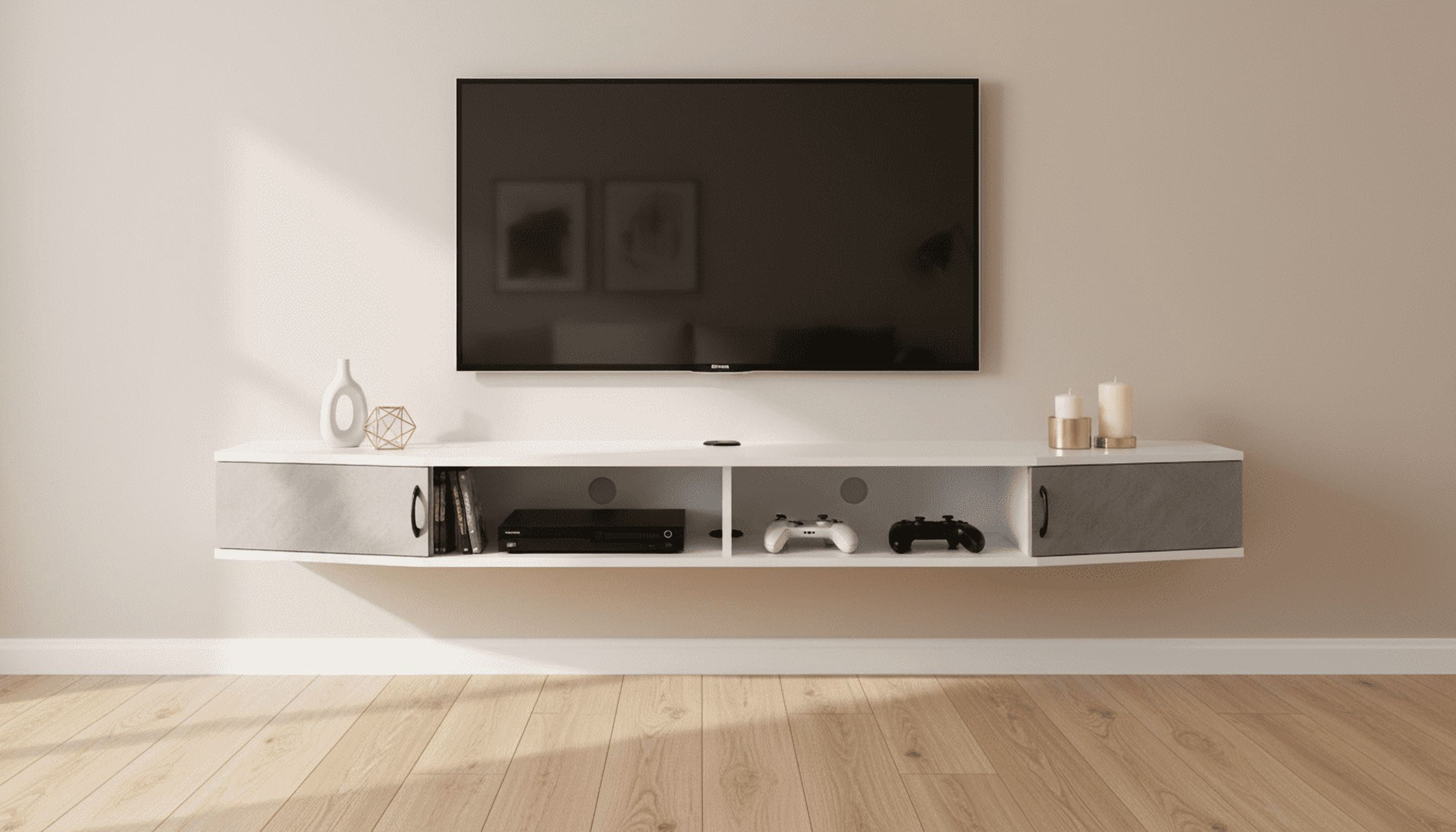 Wall Mounted Charging Station，Floating TV Stand Console with Door Cabinet for Living Room，White