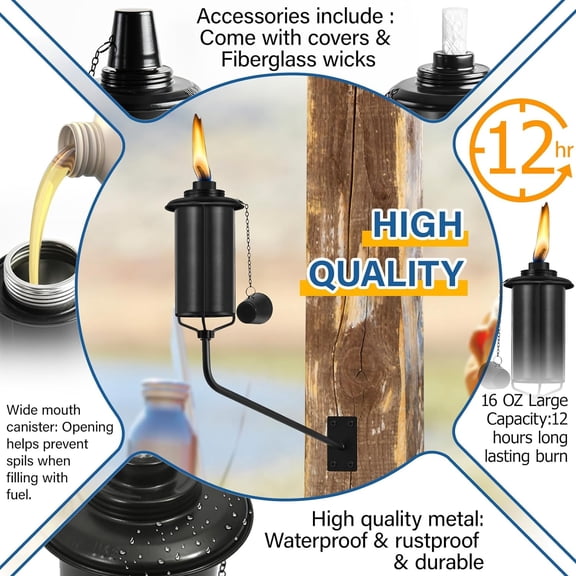 Wall Mounted Citronella Torches Set of 6, 16 oz Garden Torches for Outside, Refillable Flame Light Torch, Outdoor Metal Torch for Yard, Patio, Deck, Garden, Party, Landscape$$