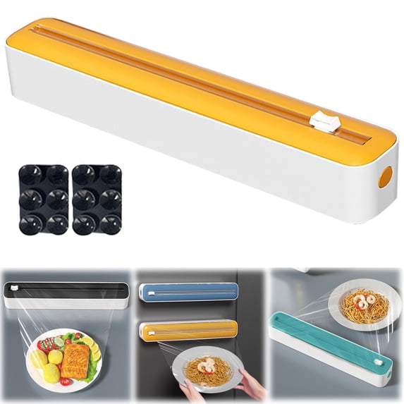 Wall Mounted Cling Film Dispenser with Cutter, Plastic Wrap and Aluminum Foil Organizer Box for Kitchen