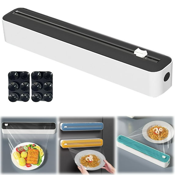 Wall Mounted Cling Wrap Dispenser with Built-in Cutter,Storage Organizer for Plastic Wrap, Aluminum Foil, Parchment Paper (Includes 2 Suction Cups),Black,A