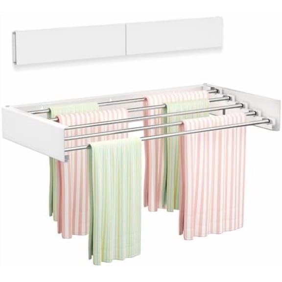 Wall Mounted Clothes Drying Rack 23.6", Foldable Wall Mount Laundry Rack Folding Indoor, Drying Rack Clothing Collapsible, Hidden Space Saver with Wall Template, 5 Rods, White
