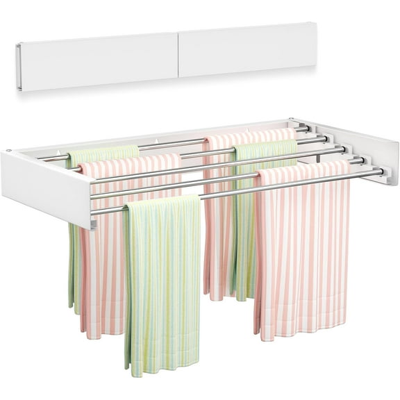 Wall Mounted Clothes Drying Rack 23.6", Foldable Wall Mount Laundry Rack Folding Indoor, Drying Rack Clothing Collapsible, Hidden Space Saver with Wall Template, 5 Rods, White