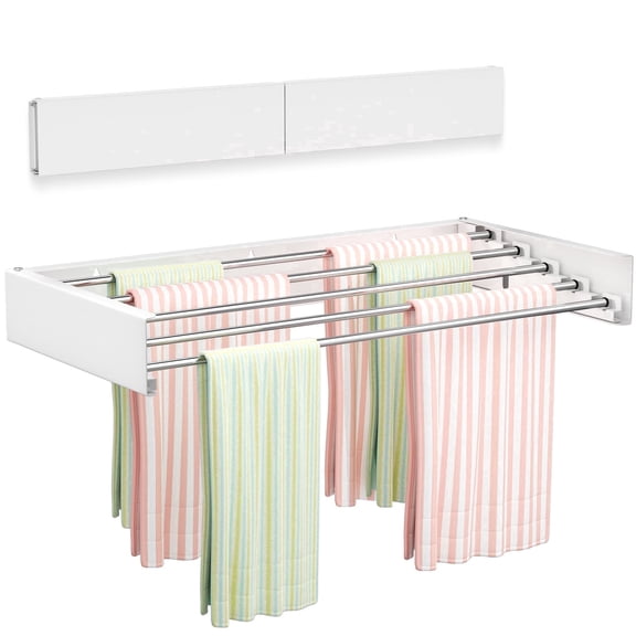 Wall Mounted Clothes Drying Rack 23.6",Foldable Laundry Rack Collapsible Indoor,Hidden Space Saver with Wall Template,5 Rods,White