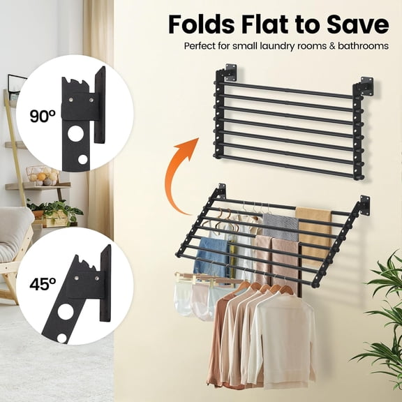 Wall Mounted Clothes Drying Rack 28 Inch Foldable Laundry for Mount, Space Saving Indoor Clothes, Compact & Sturdy Design