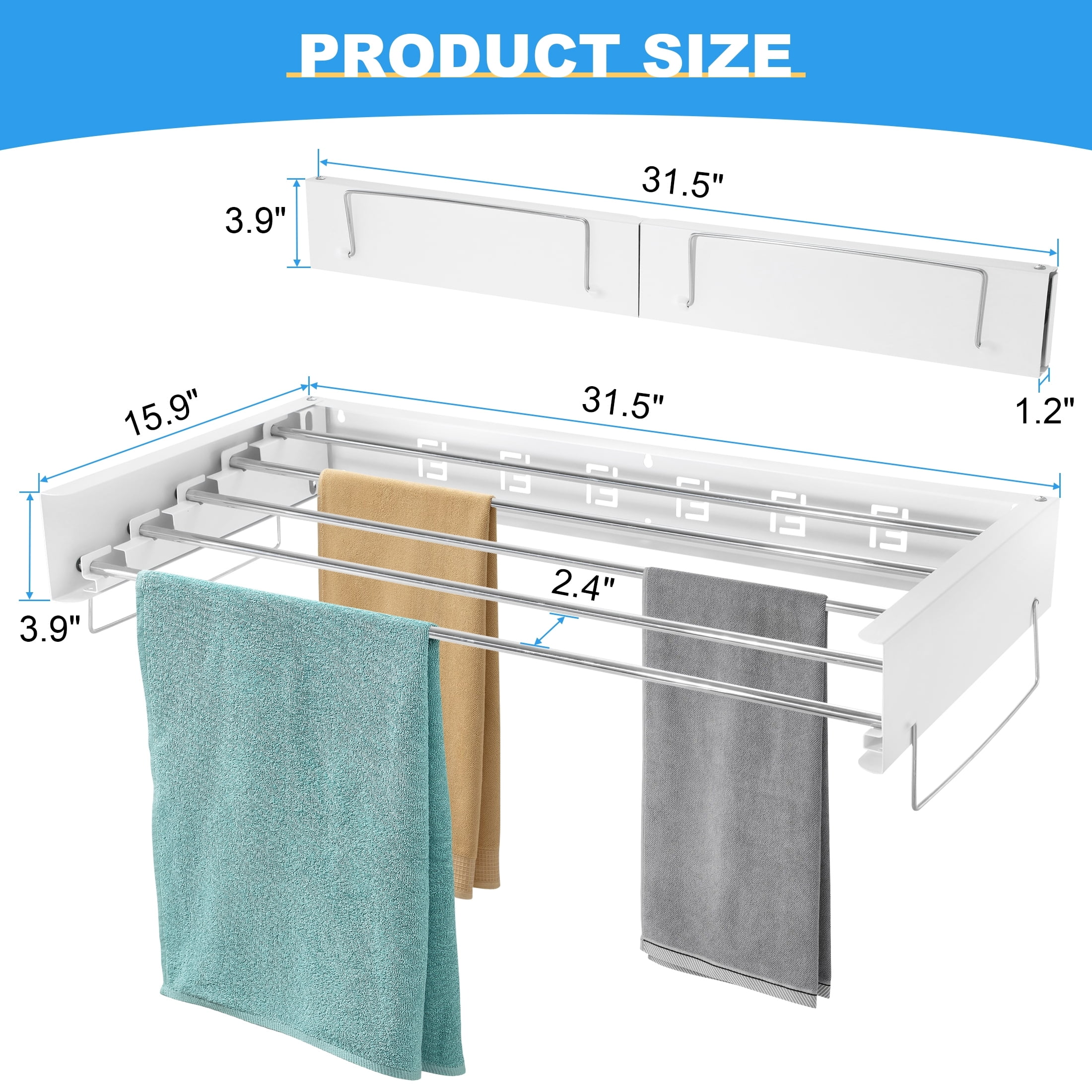 BEAMNOVA Wall Mounted Clothes Drying Rack, 31.5" Foldable Laundry Hanging Drying Rod, Towel Rack, 5 Rods, Aluminum
