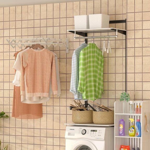 Wall Mounted Clothes Drying Rack, 31.9" Wide Large Rustproof Retractable Laundry Drying Rack, 8 Bar Space-Saving Aluminium Alloys Clothing Hanger Drying Racks forLaundry (Silver)