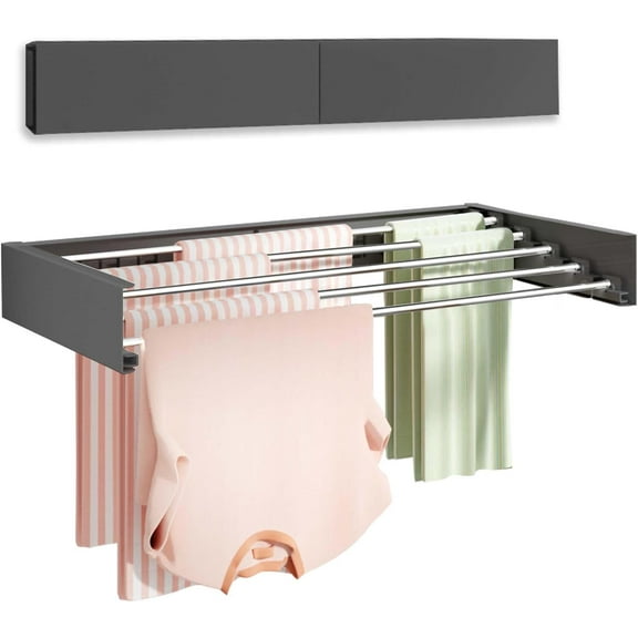 Wall Mounted Clothes Drying Rack 32", Foldable Wall Mount Laundry Rack Folding Indoor, Drying Rack Clothing Collapsible, Hidden Space Saver with Wall Template, 5 Rods, Black