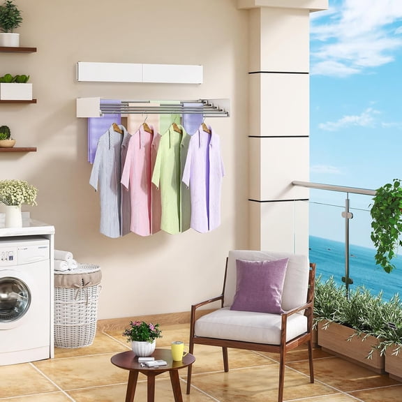 Wall Mounted Clothes Drying Rack 40 Inch, Foldable Wall Mount Laundry Rack Folding Indoor, Clothing Drying Rack Collapsible, Hidden Space Saver with Wall Template, 5 Rods, 60 lb Capacity (White)