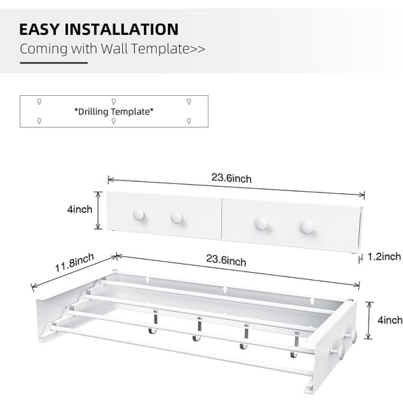 Wall Mounted Clothes Drying Rack - Foldable, Collapsible, 60 lb Capacity with 8 Hooks, White 23.6"