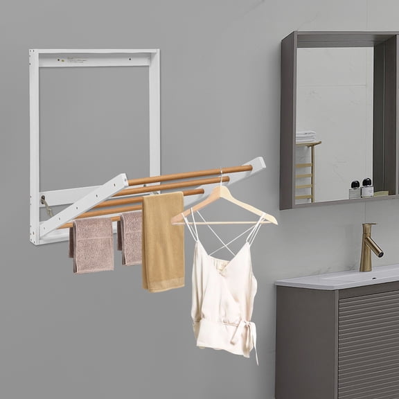 Wall Mounted Clothes Drying Rack, Foldable Wooden Laundry Dryer Rack for Indoor Use, Space Saving Drop-Down Design with Retractable Rods for Bathroom Laundry Room (White)