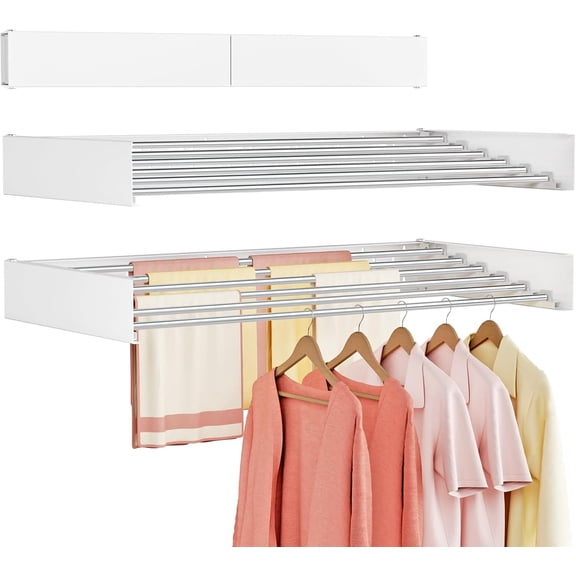 Wall Mounted Clothes Drying Rack Folding Indoor, Foldable Laundry Drying Rack Collapsible,Invisible, Space Saving, Retractable Towel Drying Rack, with Wall Template(6 Drying Rods, White 40")