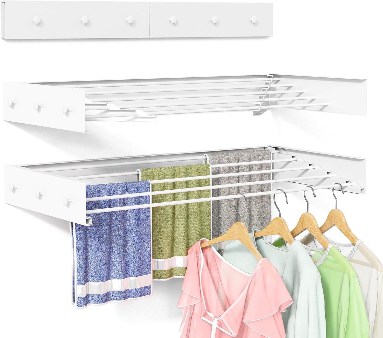 White 40'' Collapsible Wall Mounted Drying Rack with Aluminum Rods and Hooks