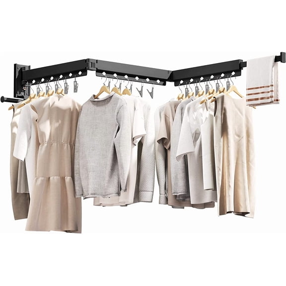 Wall Mounted Clothes Drying Rack - Retractable, Collapsible, Folding with Clips - Perfect for Laundry Room Organization