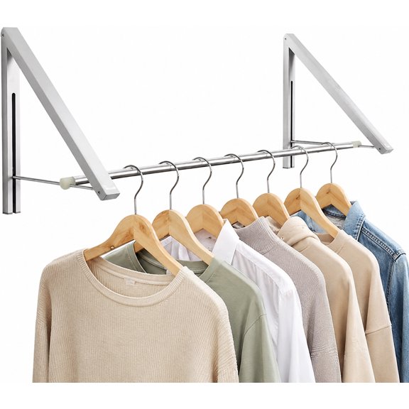 Wall Mounted Clothes Drying Rack, Retractable & Foldable Laundry Hanger with Extension Rod, Heavy Duty Double Folding Garment Rack, Space Saving Hanging Drying Rod for Laundry Room, Bathroom, Dorm &