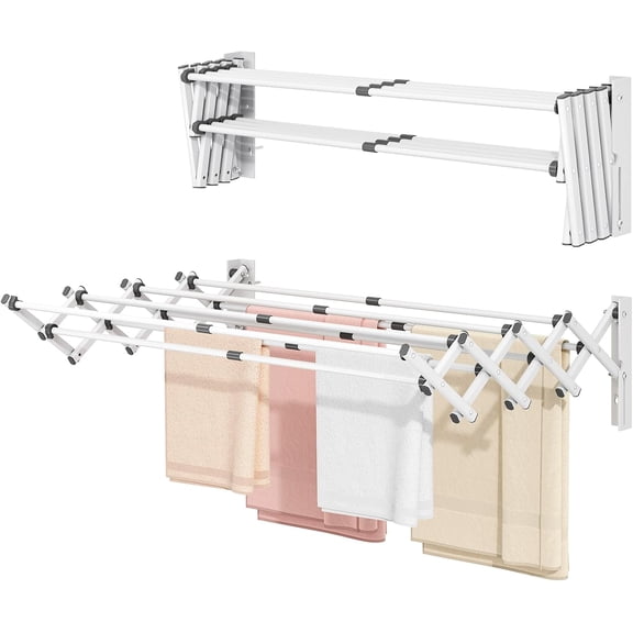 Wall Mounted Clothes Drying Rack Retractable, Towel Racks for Bathroom Balcony Laundry Room, Foldable Accordion Dryer Rack, White