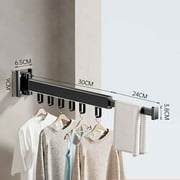 Wall Mounted Clothes Hanger Rack, 1.4*23.1 Inch Retractable Clothes Drying Rack Folding Indoor, Laundry Drying Rack, Space Saver Clothes Rack,Collapsible, with 18 J-Hooks Laundry Rack Black