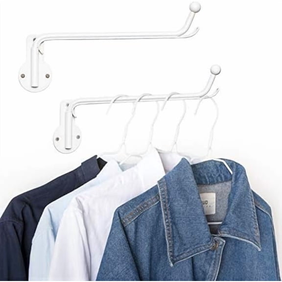 Wall Mounted Clothes Hanger with Swing Arm Holder Valet Hook Metal Hanging Laundry Drying Rack Space Saver for Closet Organizer, Laundry Room Organization Bathroom, Bedroom,2 Pcs, White