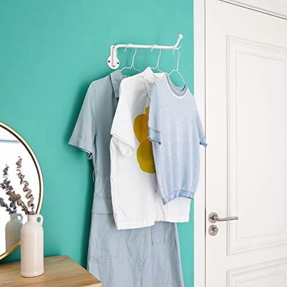 Wall Mounted Clothes Hanger with Swing Arm Holder Valet Hook Metal Hanging Laundry Drying Rack Space Saver for Closet Organizer, Laundry Room Organization Bathroom, Bedroom,2 Pcs, White