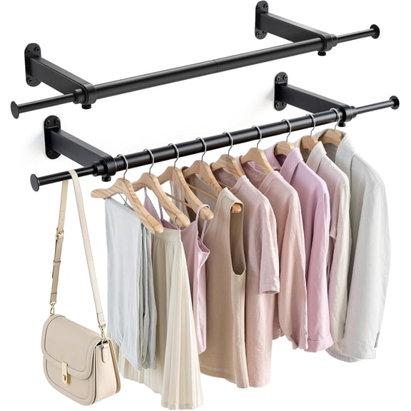 Wall Mounted Clothes Rack 28 Inch Heavy Duty Extendable Garment Bar 2 Pack Black