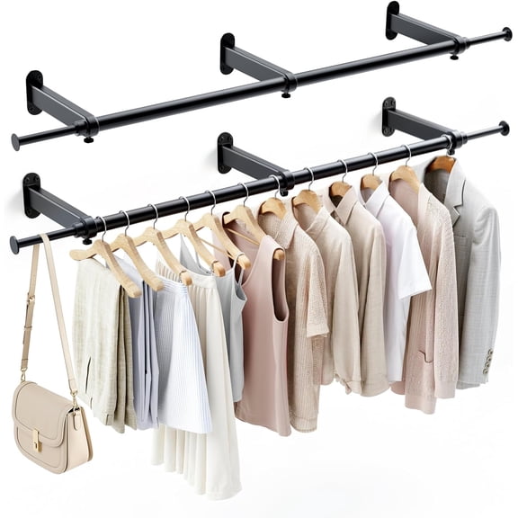 Wall Mounted Clothes Rack 41 Inch Heavy Duty Extendable Iron Garment Bar 2 Pack Black