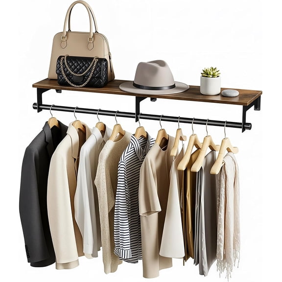 Wall Mounted Clothes Rack, 43.3inch Clothing Racks with Top Shelf for Hanging Clothes, Heavy Duty Industrial Pipe Garment Rack, Laundry Room Shelves Closet Storage, Large