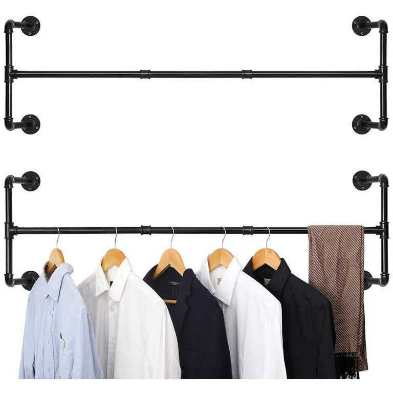 Wall-Mounted Clothes Rack, Double Black Iron Garment Bar
