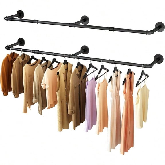 Wall Mounted Clothes Rack 52.6in Industrial Pipe Clothing Racks Wall Mount Heavy Duty Detachable Iron Garment Bar Saving Space Multi-Purpose Hanging Rod for Bedroom Laundry Room 2 Packs