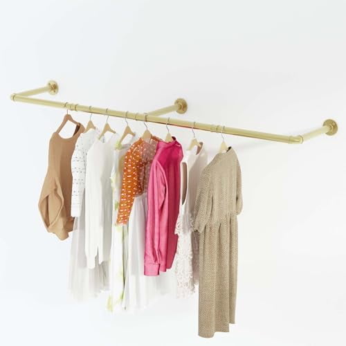 Wall Mounted Clothes Rack, 72" Industrial Pipe Clothing Rack, Heavy Duty Gold Garment Rack Bar, Multi-Function Hanging Clothes Rod for Laundry Room,Bedroom,Dressing Room,Closet Storage