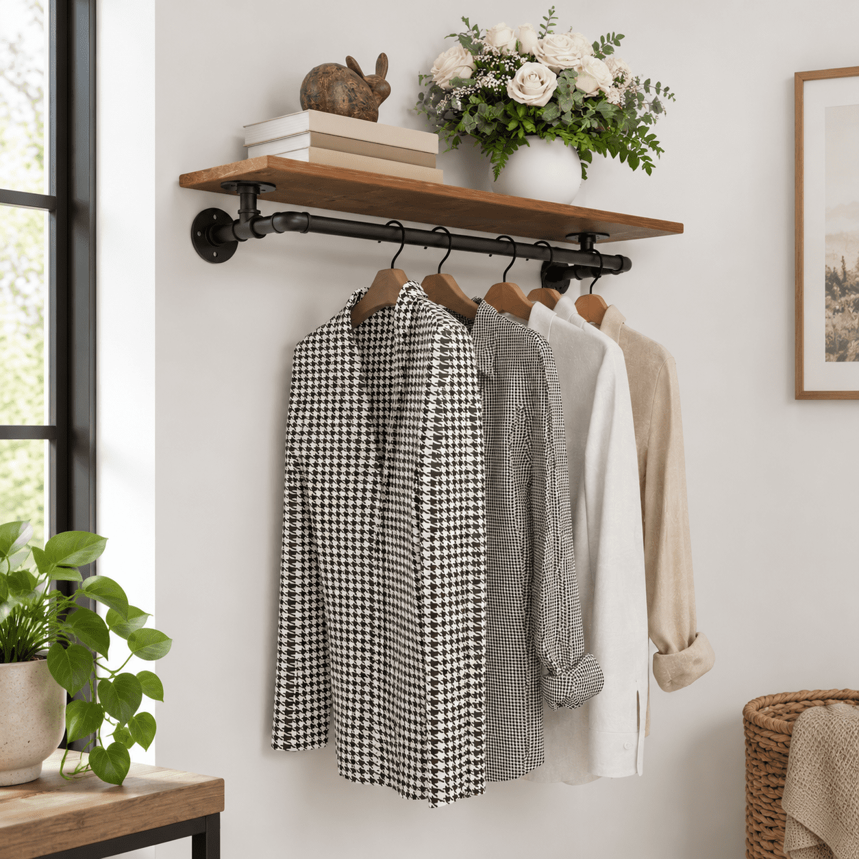 Wall Mounted Clothes Rack, Brown, 1T36IN, Solid Wood and Iron, Space ...