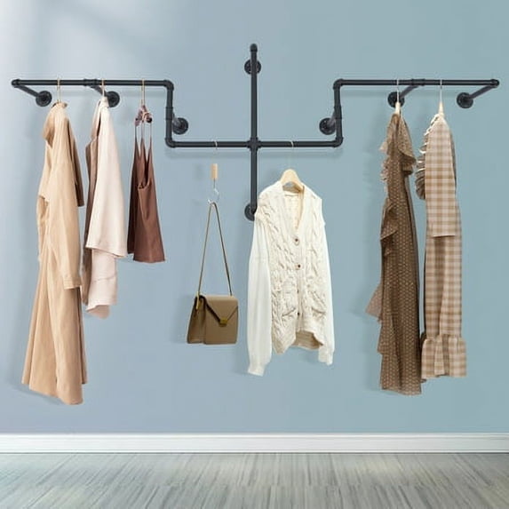Wall Mounted Clothes Rack Clothing Garment Pipe Display Hanging Bar Black Retail