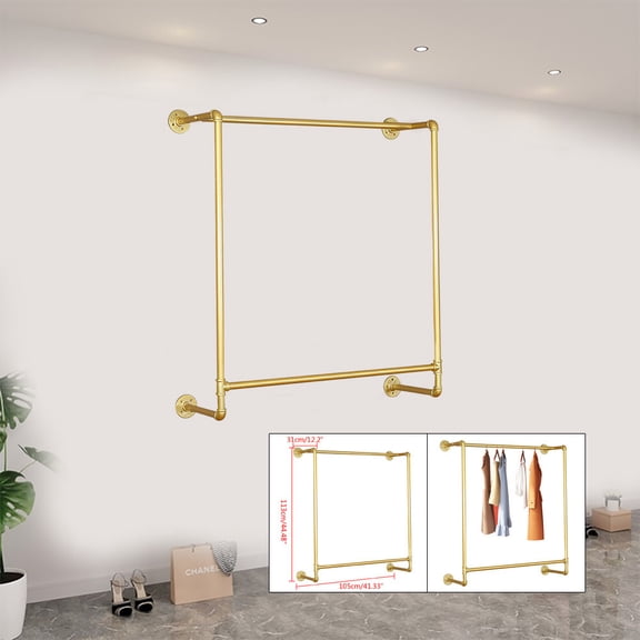 Wall Mounted Clothes Rack, Detachable Gold Garment Rack  41" W x 45" H  Heavy Duty Iron  for Wedding Dress, Boutique, Home, Laundry Room  Space Saver