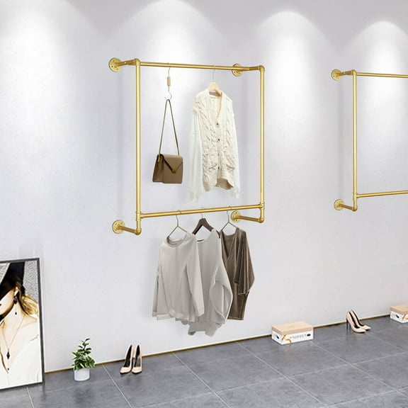 Wall Mounted Clothes Rack, Detachable Hanging Bar Metal Garment Storage Holder Space Saver, Gold
