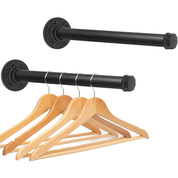 Wall Mounted Clothes Rack, Industrial Pipe Clothing Rack for Hanging Clothes, Heavy Duty Cast Iron Garment Racks for Wardrobe Organizers, DIY Closet Rods Closet Bar (Black 2 Pack, 12 Inch)