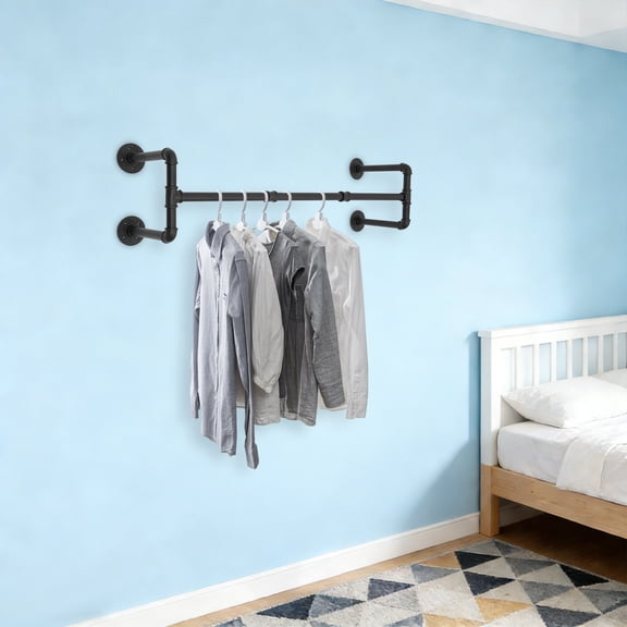 Wall-Mounted Clothes Rack, Iron Industrial Pipe Wall Mounted Clothing Rack, Black Detachable Clothes Robe Hanger With Four Bases, 39L9W12H