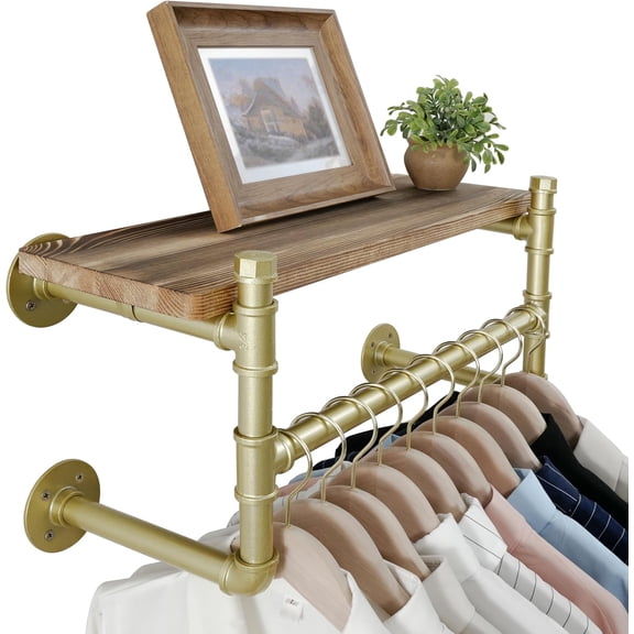 Wall Mounted Clothes Rack with Shelf,24" Industrial Pipe Clothing Rack with Shelf with Hanging Rod,Heavy Duty Iron Garment Rack Bar,Retail Display Clothes Rod for Laundry Room,Closet,Gold