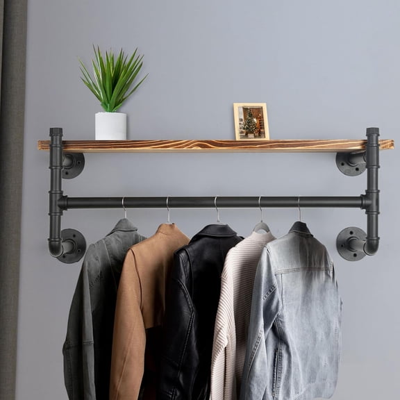 Wall Mounted Clothes Rack with Shelf, 24" Industrial Pipe Clothing Rack with Shelves, Heavy Duty Iron Garment Bar, Retail Display Clothes Rod for Laundry Room, Black
