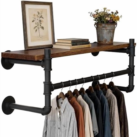 Wall Mounted Clothes Rack with Shelf,27" Industrial Pipe Clothing Rack with Shelf with Hanging Rod,Heavy Duty Iron Garment Rack Bar,Retail Display Clothes Rod for Laundry Room,Closet,Black