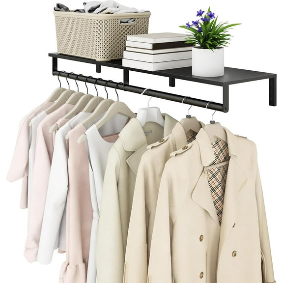 Wall Mounted Clothes Rack with Top Shelf, 41'' Industrial Clothing Rack Heavy Duty, Metal Shelf with Hanging Rod, Garment Rack Laundry Room Shelves, Space Saving