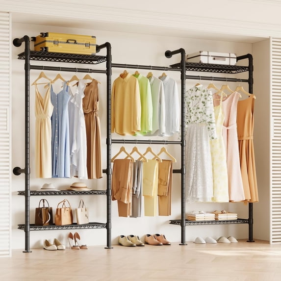 Wall Tech Rack Wall Mounted Clothes Rack with 5 Shelves and 4 Rods, Expandable Closet ...