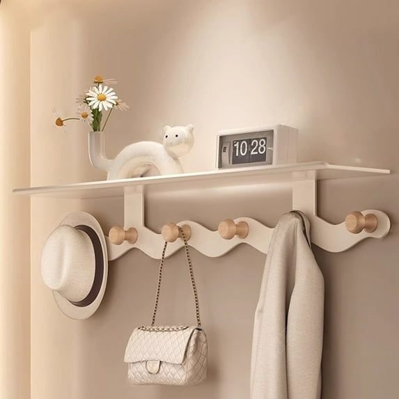 Wall Mounted Coat Hook Rack with Shelf | 5-Hook Beige Alloy & Wood Organizer for Bathroom Kitchen Bedroom | 1-Piece Towel & Clothing Hanger