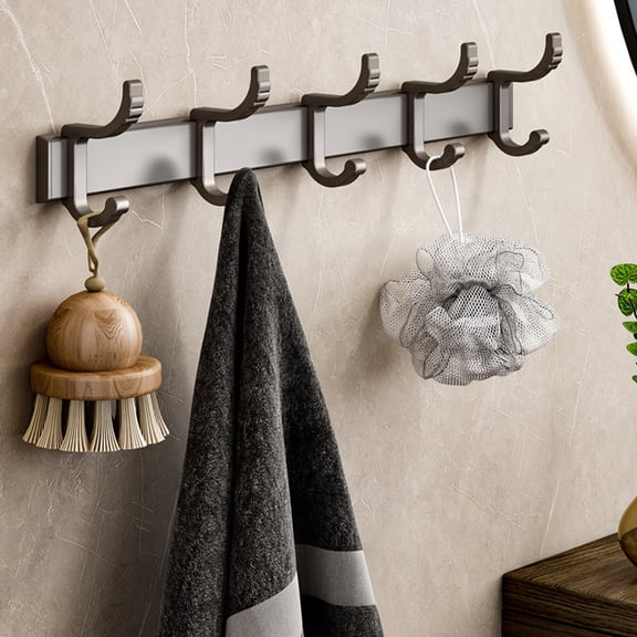 Wall Mounted Coat Hook Rail, 5 Hooks Heavy Duty Stainless Steel Aluminum Metal Towel Hat Robe Purse Organizer for Entryway Mudroom Bathroom Bedroom Closet Storage Space Saving Home Decor