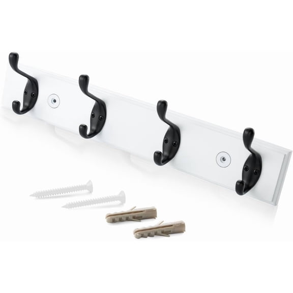 Wall Mounted Coat Rack, 16 Inch MDF Board with 4 Double Hooks, White