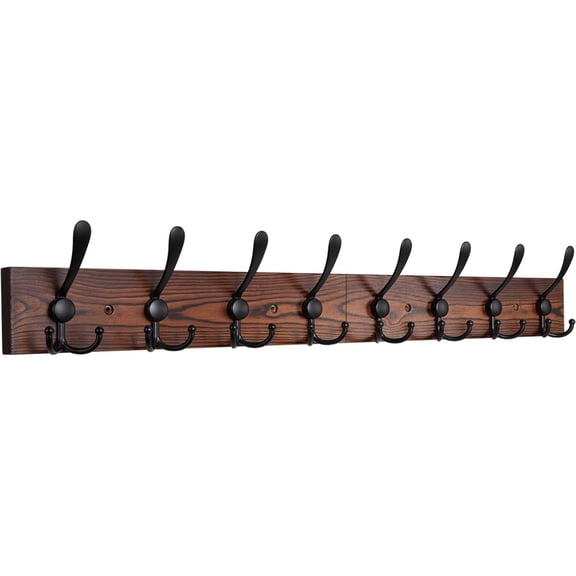 Wall Mounted Coat Rack, 31-2/5'' Long, Entryway Hanging Rack, Metal Wood Coat Hooks Rack with 8 Black Rustic Tri-Hooks Rail for Coat, Bag, Towel, Key, Hat, Umbrella