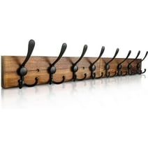 Wall Mounted Coat Rack 31.5'' Wooden Burnt Brown Plate with 8 Black Tri Hooks, Heavy Duty Metal Coat Hooks for Entryway Bathroom Decor