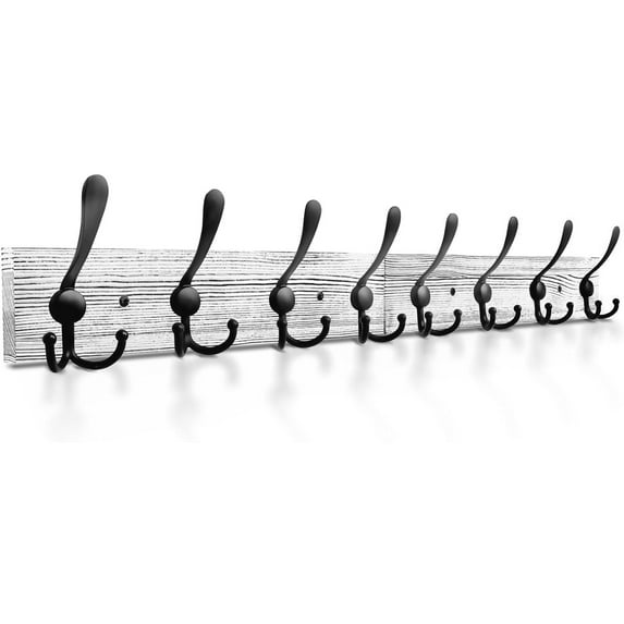 Wall Mounted Coat Rack 31.5'' Wooden White Plate with 8 Black Tri Hooks, Heavy Duty Metal Coat Hooks for Entryway Bathroom Decor