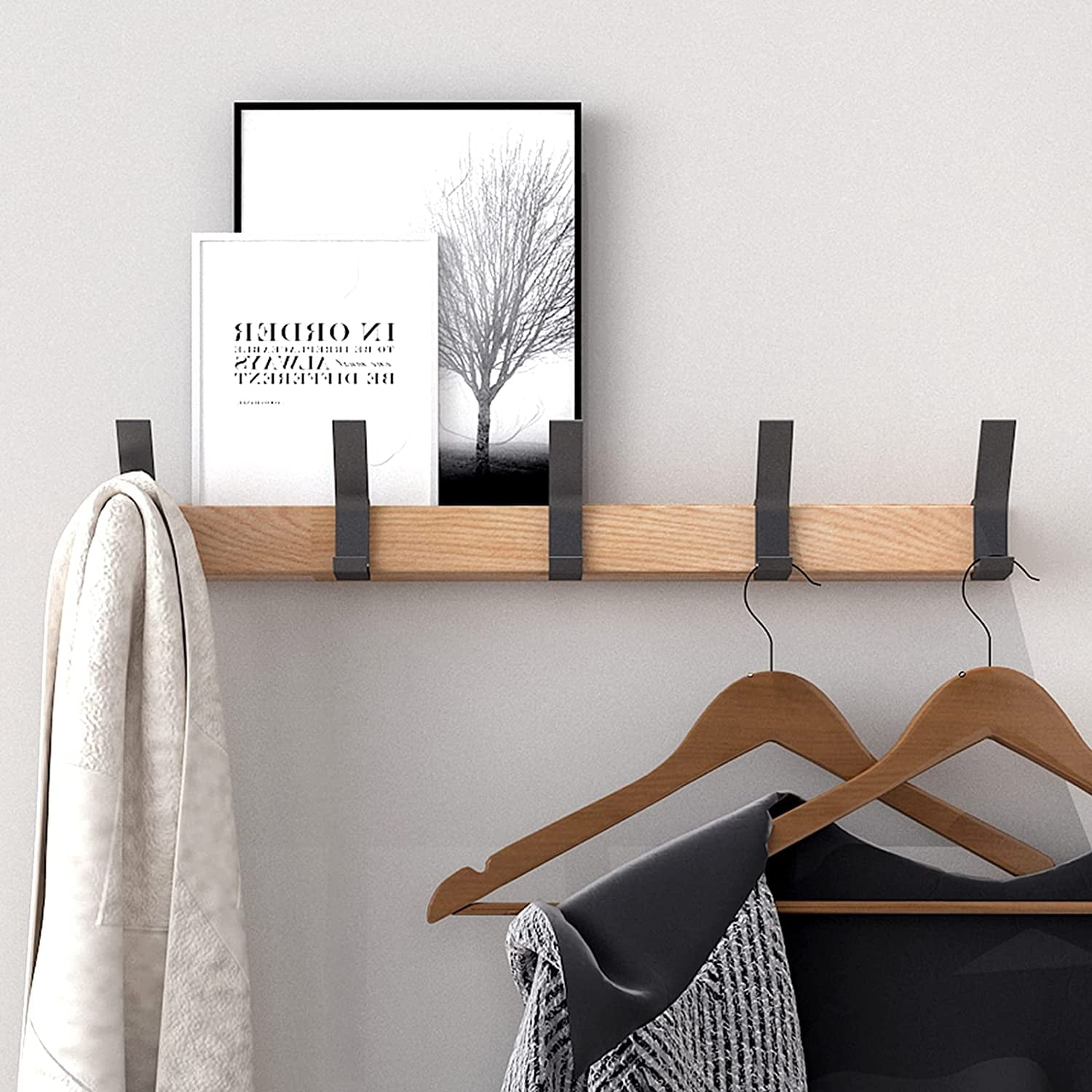 Black Aluminum and Wood Wall Mounted Coat Rack with 5 Double Hooks