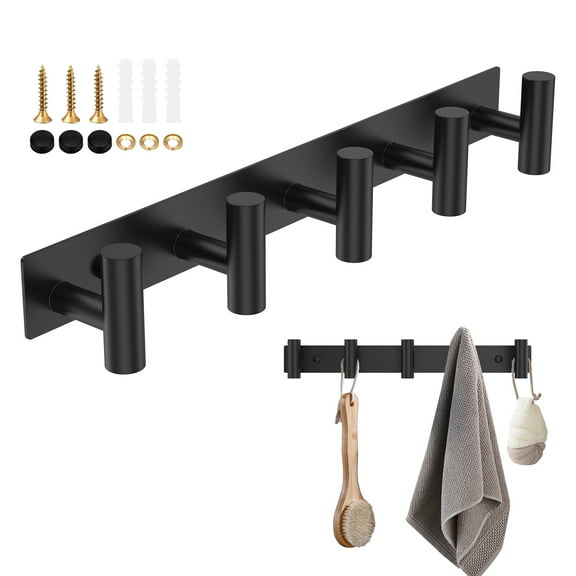 Wall Mounted Coat Rack 5 Hooks Heavy Duty Black Carbon Steel Row Hook Round Tube Hook for Living Room Office with Installation Accessories