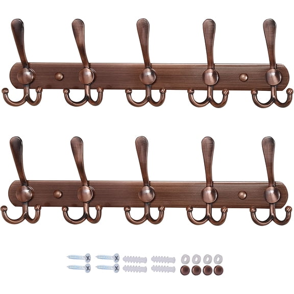Wall Mounted Coat Rack - 5 Tri Hooks, Heavy Duty, Stainless Steel, Metal Coat Hook Rail for Coat Hat Towel Purse Robes Mudroom Bathroom Entryway (Antique Copper, 2 Packs)